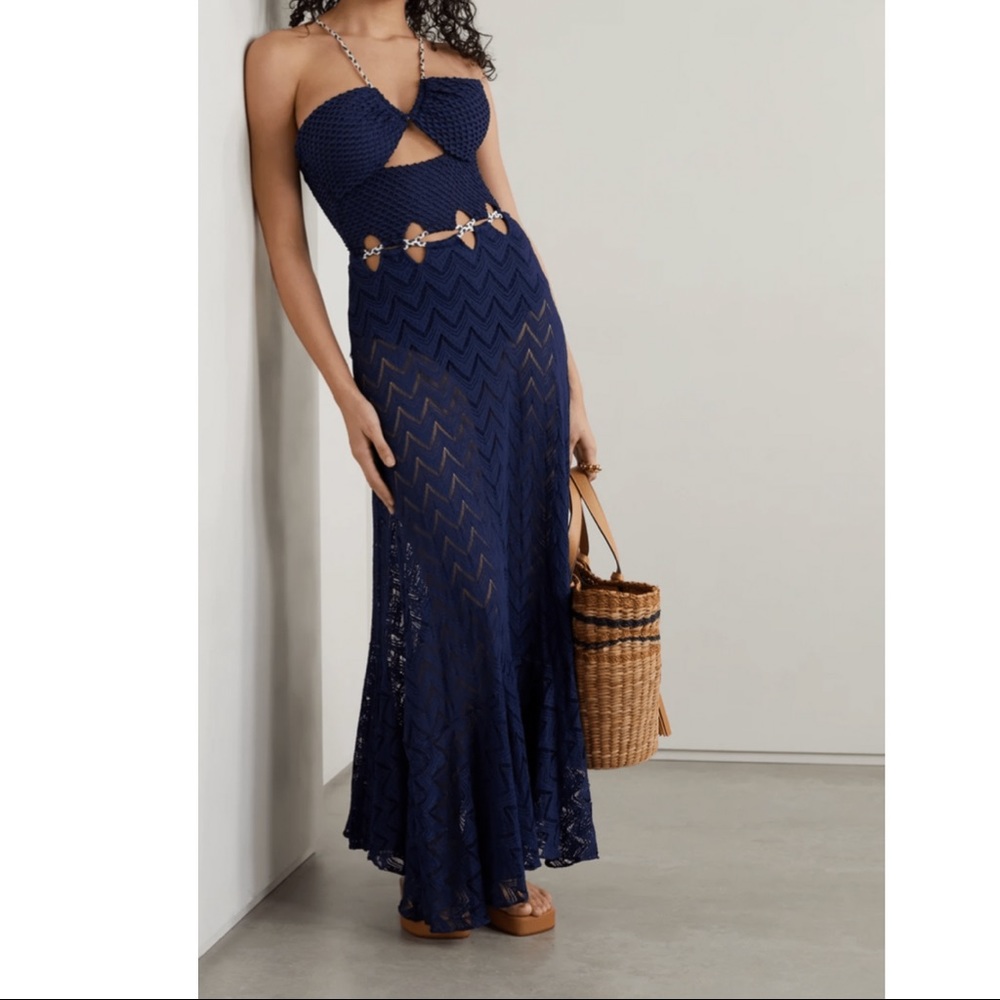 PatBo Cutout textured Jersey and open knit maxi dress in indigo NEW COLLECTION - Picture 2 of 9